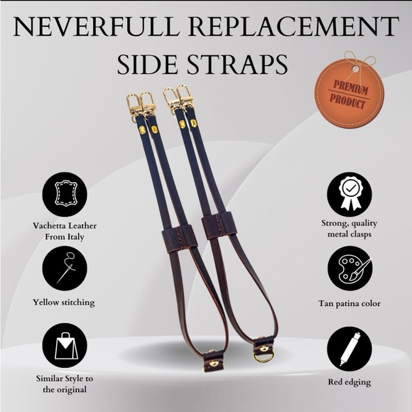 Louis Vuitton Neverfull BROWN Vachetta Leather Replacement Side Strap cinches - Picture 1 of 10